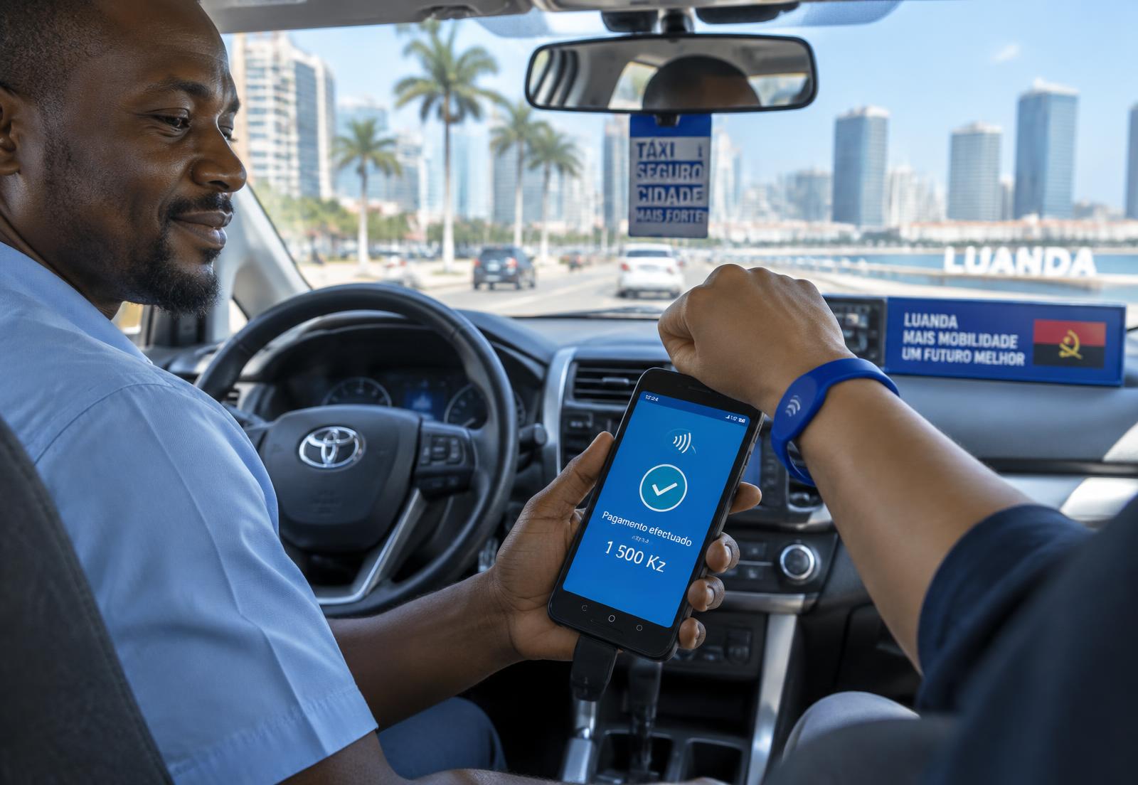 Passageiro a pagar uma corrida de táxi com Suporte NFC em Luanda